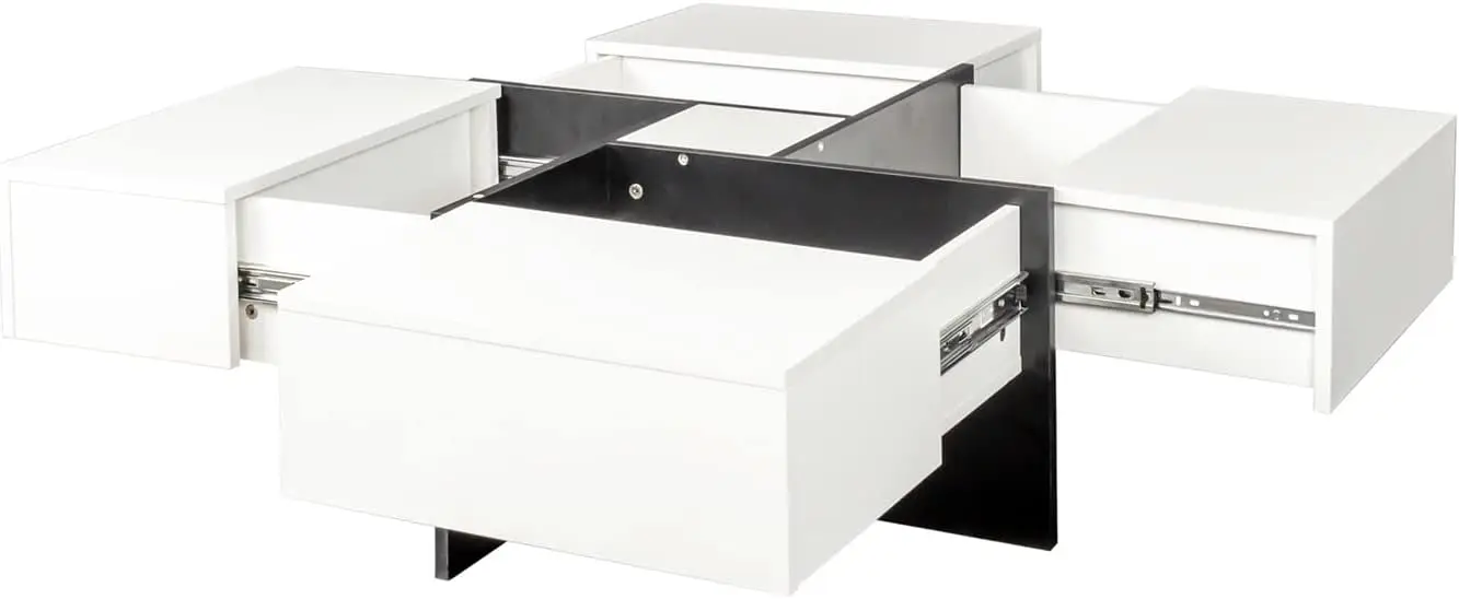 Furnnylane Modern Coffee Table with 4 Drawers,Square Coffee Table with Storage for Living Room,White