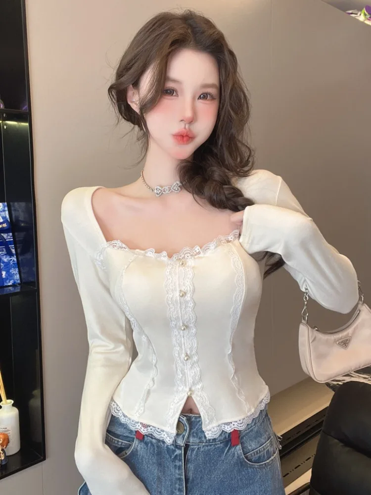Pure Desire Inner Wear Lace Square Collar Long Sleeve T-Shirt Women Spring Autumn Irregular Short Base Shirt Slit Top