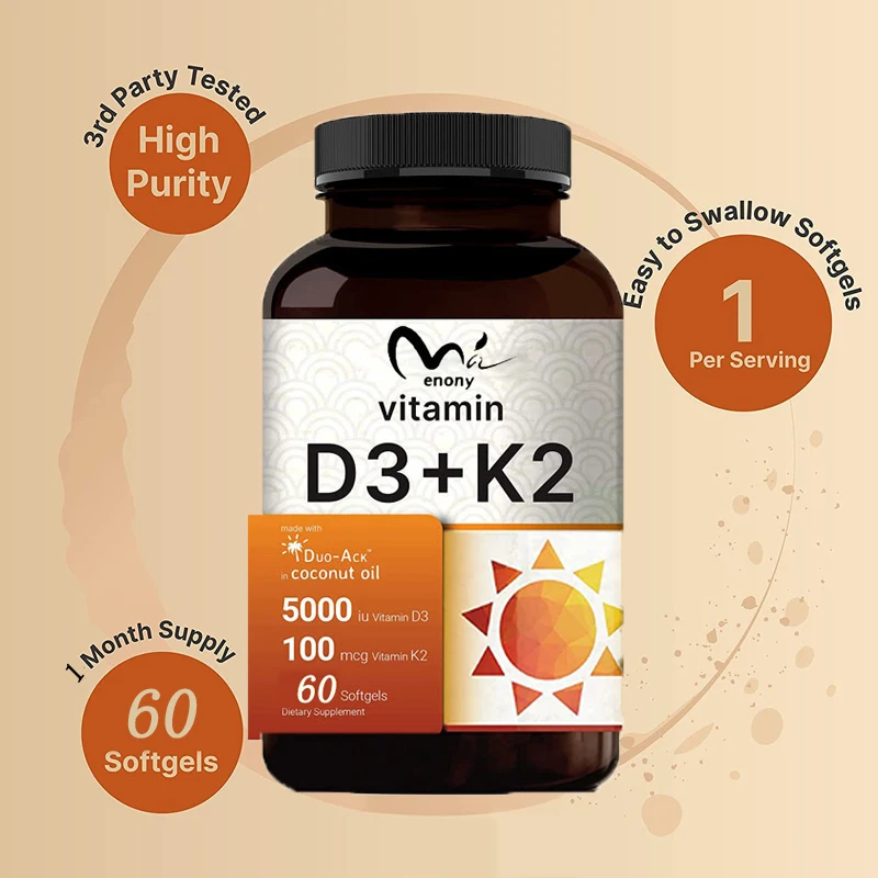 Vitamine D3 5000 K2 Bevat Vers Geperste Kokosolie, 60 Zachte Capsules, 100mcg 2-In-1 Non Gmo, Glutenvrij