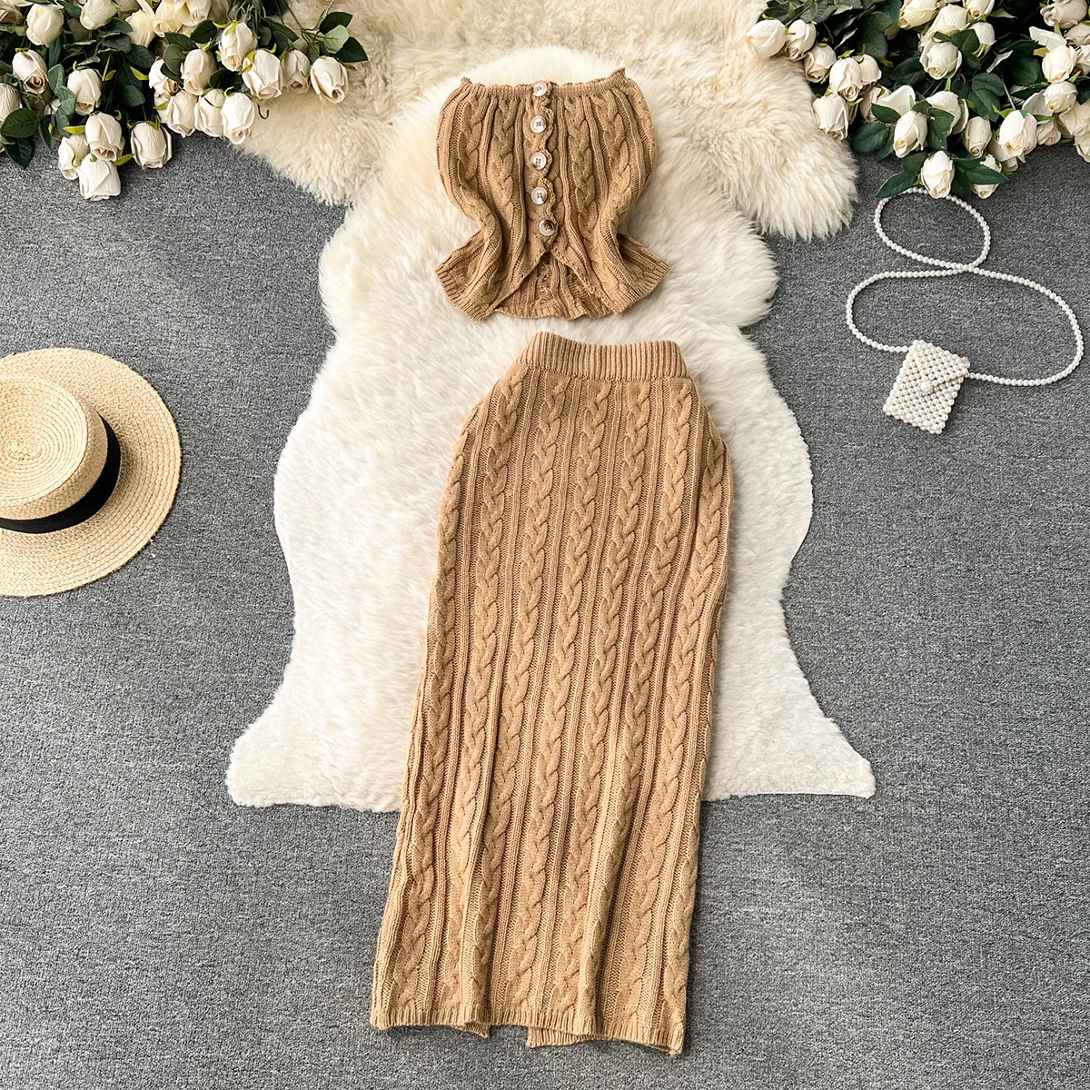 Croysier Cable Knit Two Piece Set Outfit Front Button Cropped Tube Top And High Waist Back Slit Midi Skirt Co Ord Sets For Women