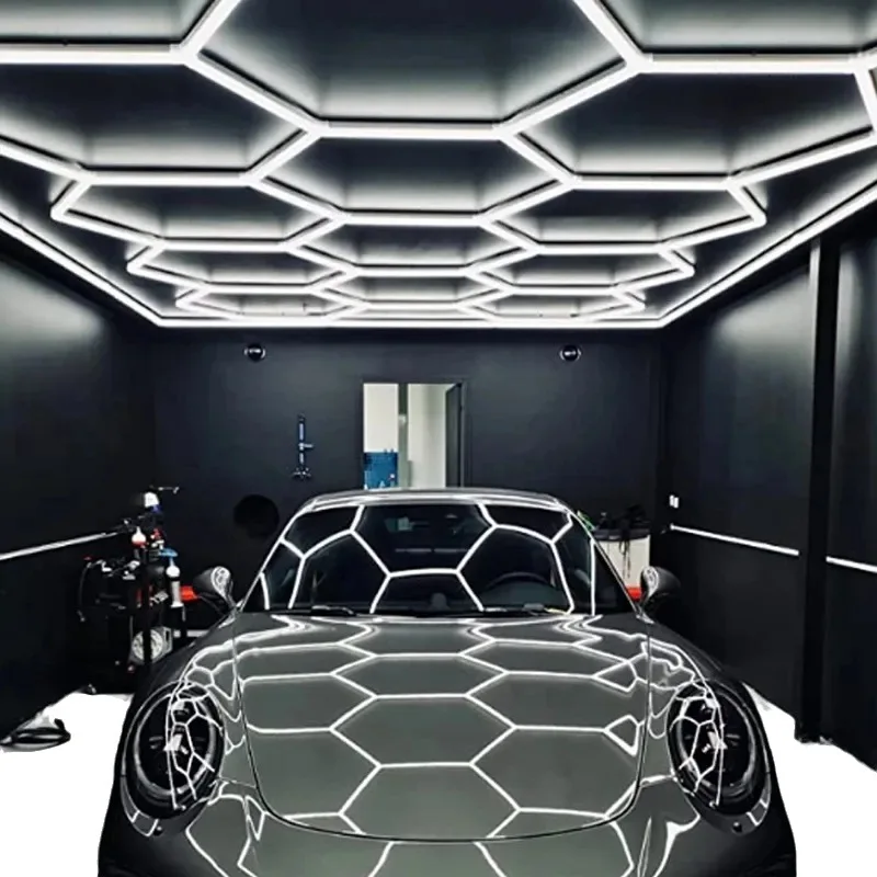 Polygon LED Garage Light Hexagon Honeycomb Lamps for Car Wash Repair Workshop Ceiling Wall Decor Gym Office Indoor Light Fixture