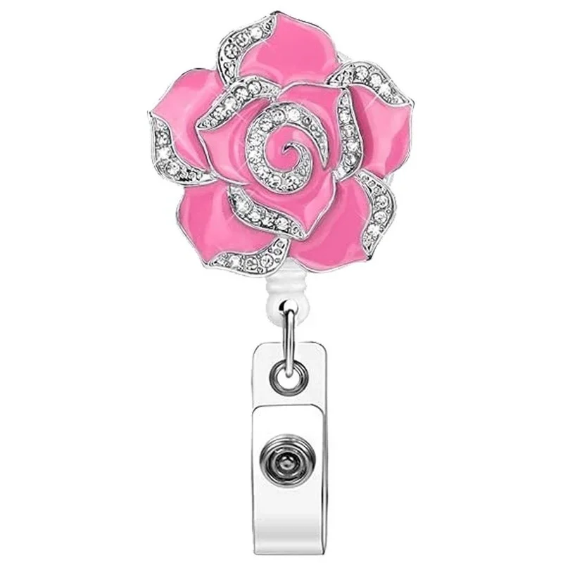 Rose Flower Diamond Badge Reel ID Holders Tag Clip Name Badges Work Pass Card Reels Retractable Lanyard Chest Tag Clip Reel