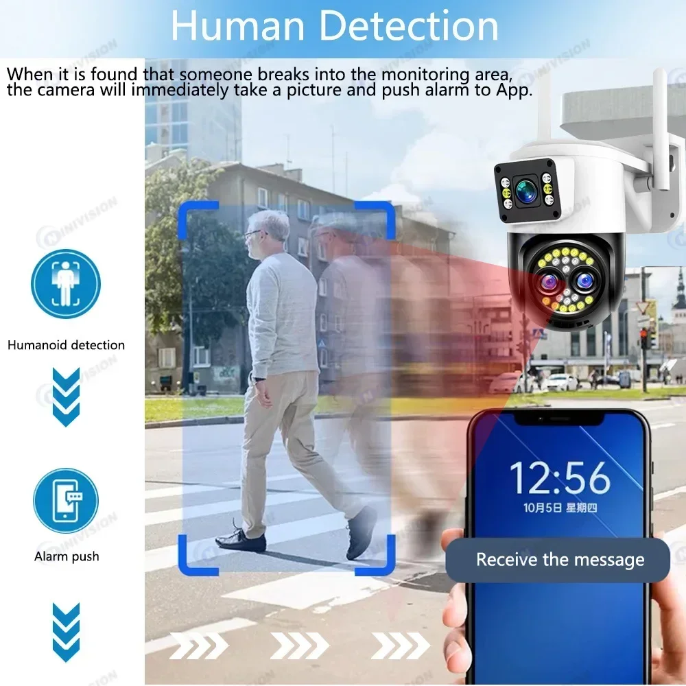 360° Three Lens Security PTZ Camera 12MP 11X Zoom Camera Auto Tracking For Baby Monitor Support Cloud And 128G SD Card Storage