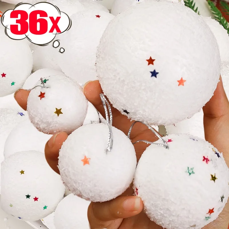 6/36pcs Round Foam Christmas Balls White Star Decoration Snow Ball for Xmas Tree Hanging Pendant Home New Year Party Ornaments