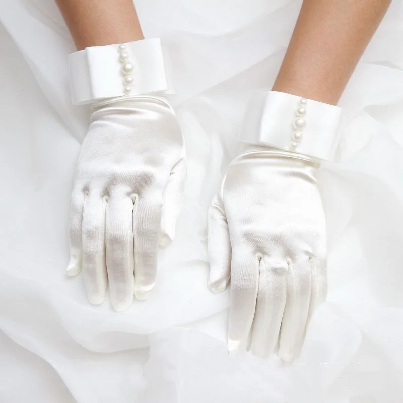 Guanti da dito in raso di etichetta da sposa accessori per abiti da sposa guanti di perle per foto guanti da sposa da studio