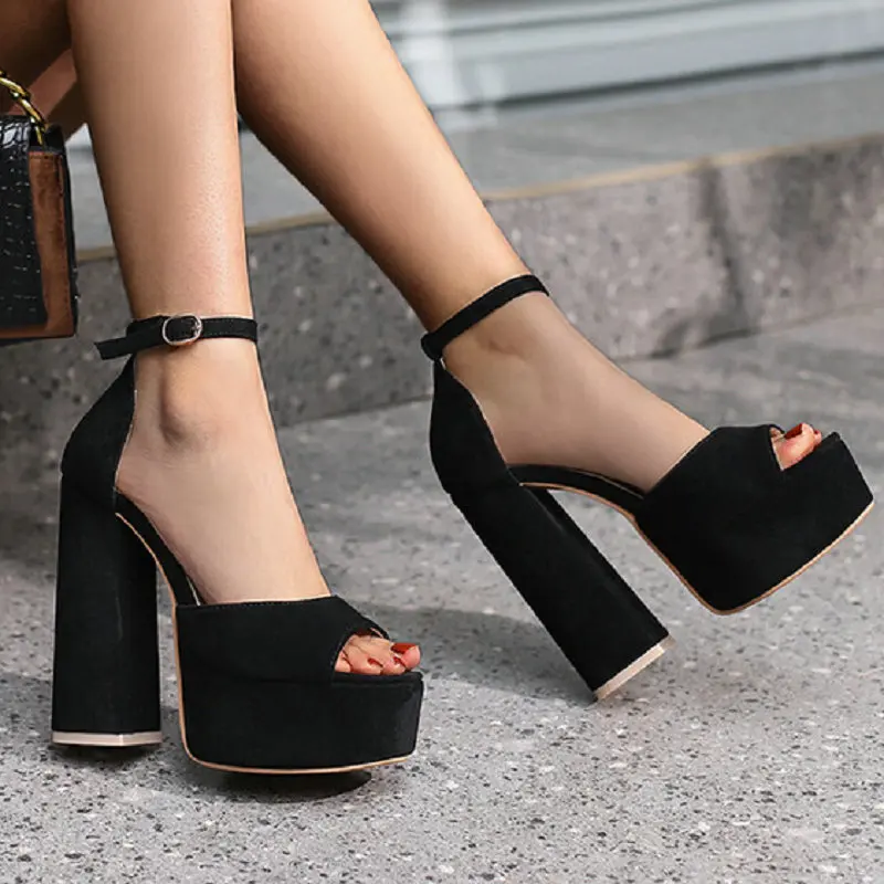 2022 Brand New Open Toe Rose Black Color Fashion Female Party Dress Shoes Rozmiar 34-44 Block High Heels Platform Sandały Kobiety