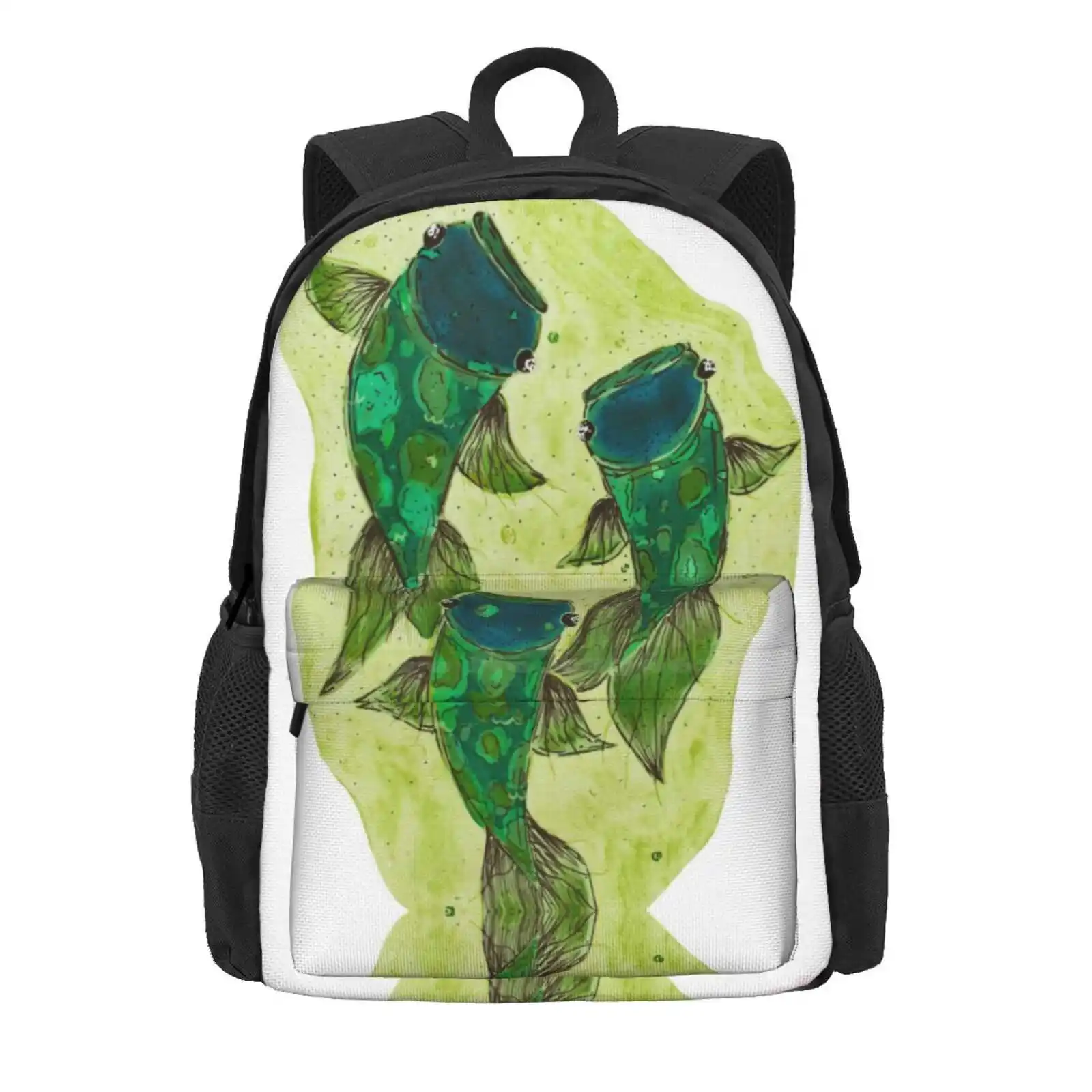 3 Koi Ii Hot Sale Schoolbag Backpack Fashion Bags Koi Fish Green Sisters Blue Aquatic Water Relaxing Three Siblings Family