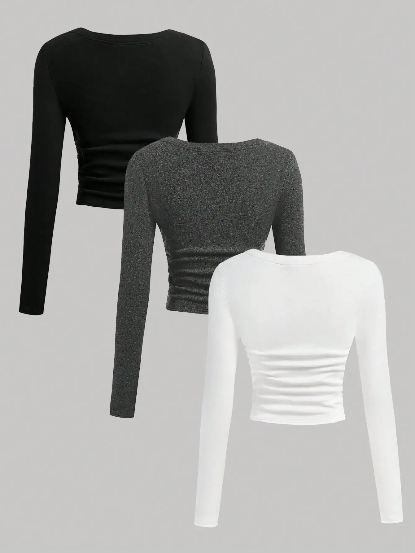 Women 3 Pack V Neck Thermal Fleece Top Long Sleeve Ruched Slim Crop Tee Warm Fall Winter Casual Basic Sexy Shirt