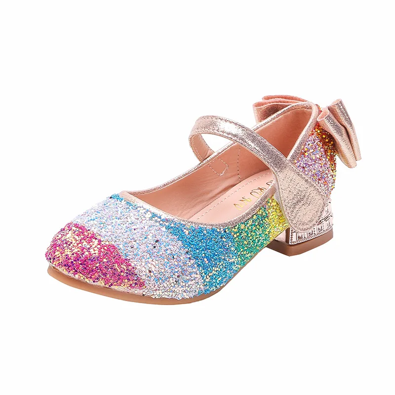 Zapatos Kid Shoe Girl Rainbow Princess Shoe Kids Crystal Mary Jane Shoes Bow Tie Flat Leather Shoes Elegant Sequin High Heels