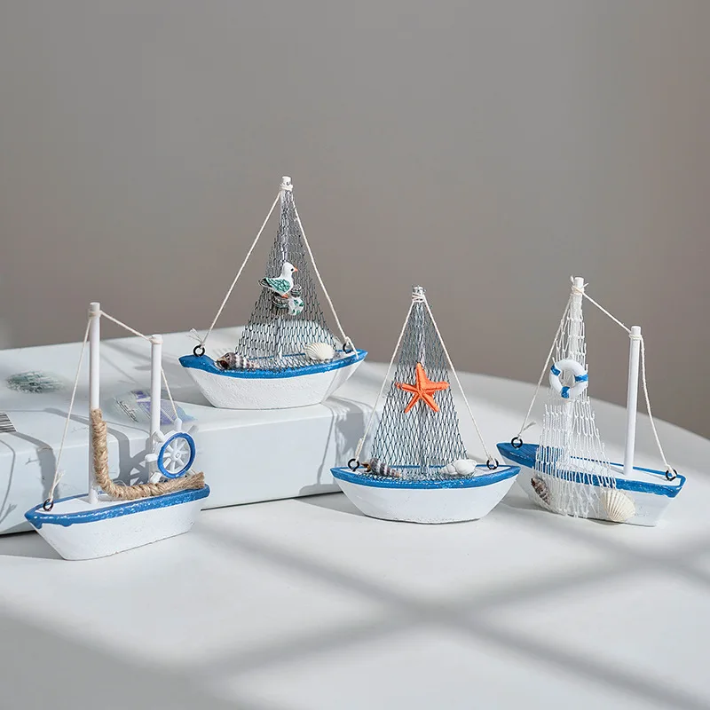 1pc Mini Mediterranean Style Marine Nautical Wooden Blue Sailing Boat Ship Wood Crafts Ornaments Party Room Home Decoration