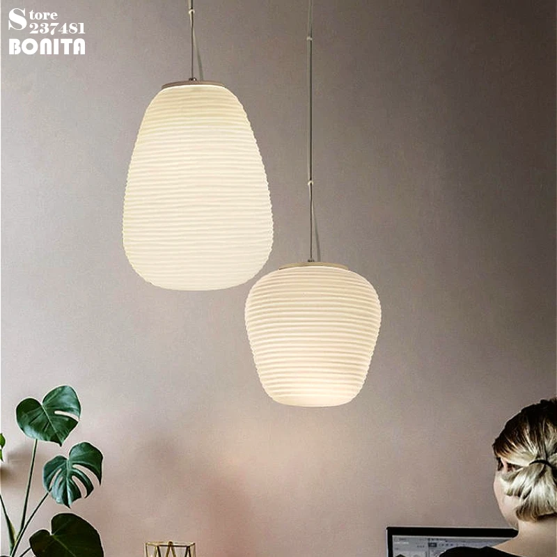 White Stripe Glass Pendant Light, Milky Glass Ball Chandelier with Wavy Thread Living Room Bedroom Dining Room Decoration Lamp