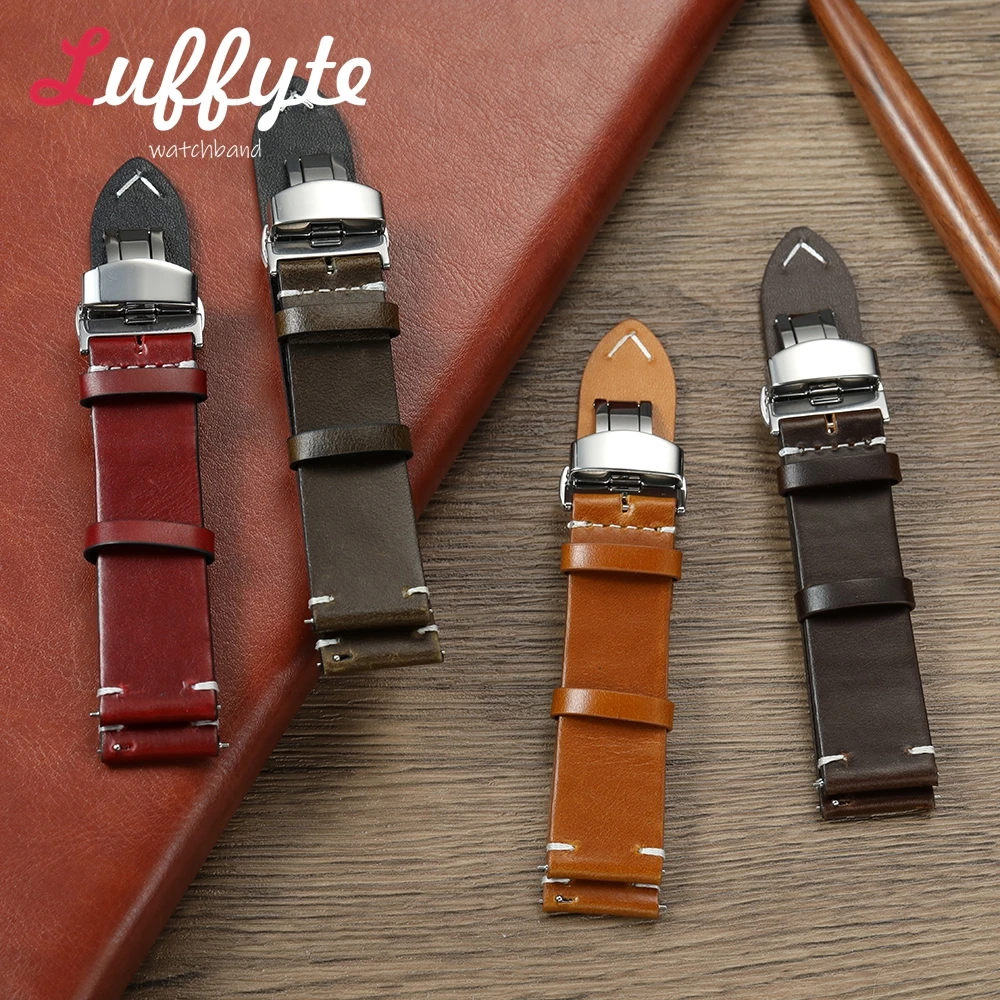 

Men's Business Oil Wax Discoloration Leather Smartwatch Bracelet 18mm 20mm 22mm Universal Strap with Automatic Butterfly Clasp