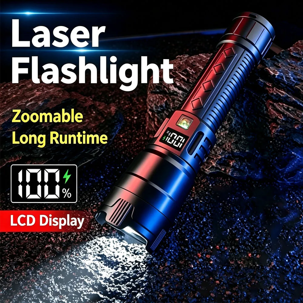 Telescopic Zoom Laser Flashlight Ultra Bright Long Distance Hand Torch with Digital Battery Screen Durable Aluminum Alloy Body