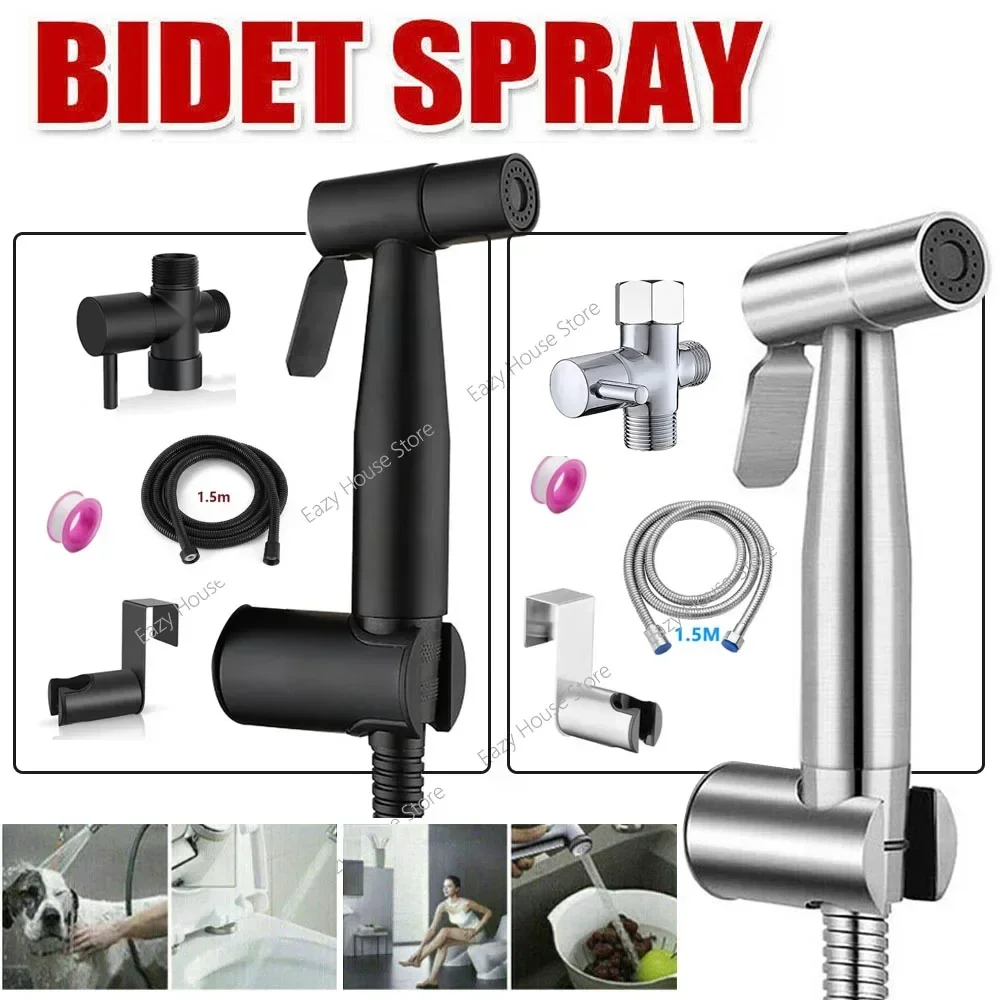 Black Hand protable Toilet bidet Sprayer Gun shower head Faucet Stainless Steel Bathroom Self Cleaning water hose wall holder