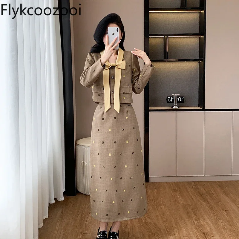 Autumn New Elegant Quality Light Luxury Set Bow Long Sleeve Top Skirt Two-piece Set Roupas Femininas Conjuntos Blazers