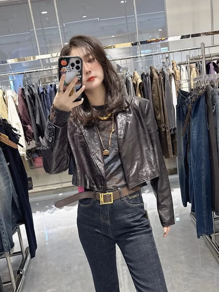

2025 New Women's Genuine Leather Vest ort Sle Slim Fit Trendy No Sve Outerwear eepskin Commute Sle Long Sve