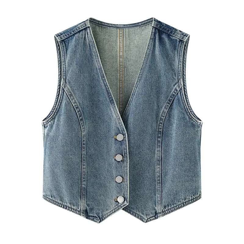 

Denim Vest Women Vintage Waistcoat Single Breasted V Neck Sleeveless Jacket Washed Distressed 2025 Summer Streetwear Short Coat