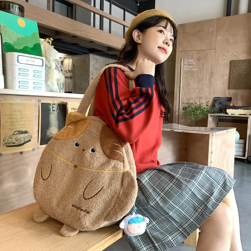 

Purses Imitation Lamb Hair Tote Bag Kawaii Cartoon Cat Plush Bag Women College Girls Shoulder Bag Large Capacity Handbags