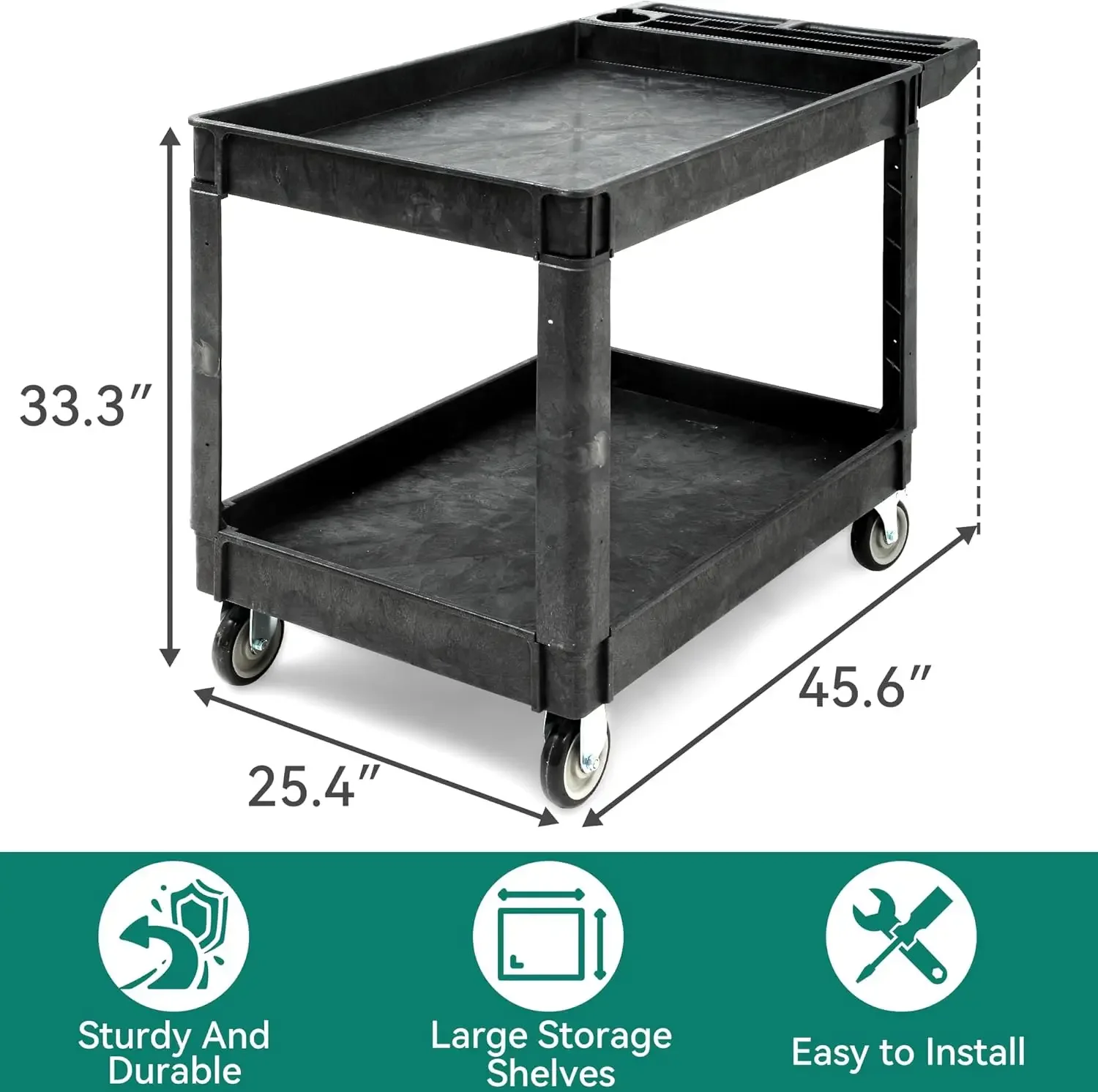 Heavy Duty Utility Cart Rolling Work Cart With Two Shelf 550 Lbs Capacity 45 X 25 Inch Plastic Service Cart For Warehouse Garage