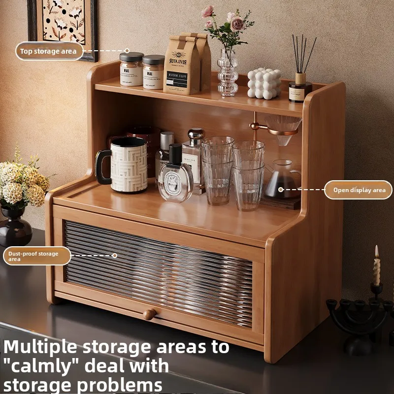 Mid Century Wooden Coffee Station Organizer Desktop Storage Cabinet with Rolling Glass Door Cup Display Rack for Kitchen Counter