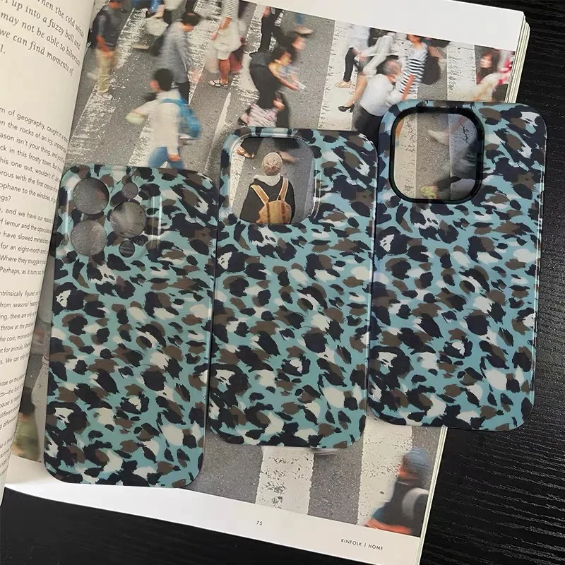 Retro Blue Leopard Print Phone Case for IPHONE 17 Air 16E 15 PROMAX 14 Plus 13 12 MINI 11 PRO 16Plus XR XS Acrylic Phone Cover