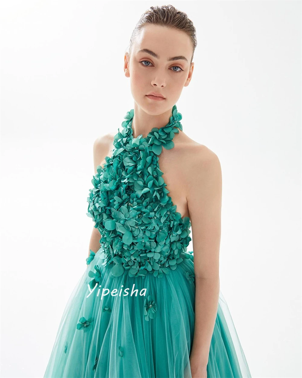 Yipeisha-requintado vestido de baile Halter, Beading Flower, drapeado até o chão, Net Tulle Prom Dresses