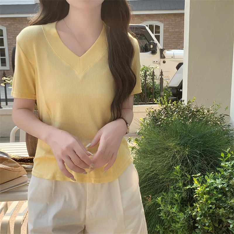 

Summer New Simple Versatile V-neck Waist-cinching Short-sleeve T-shirt for Women