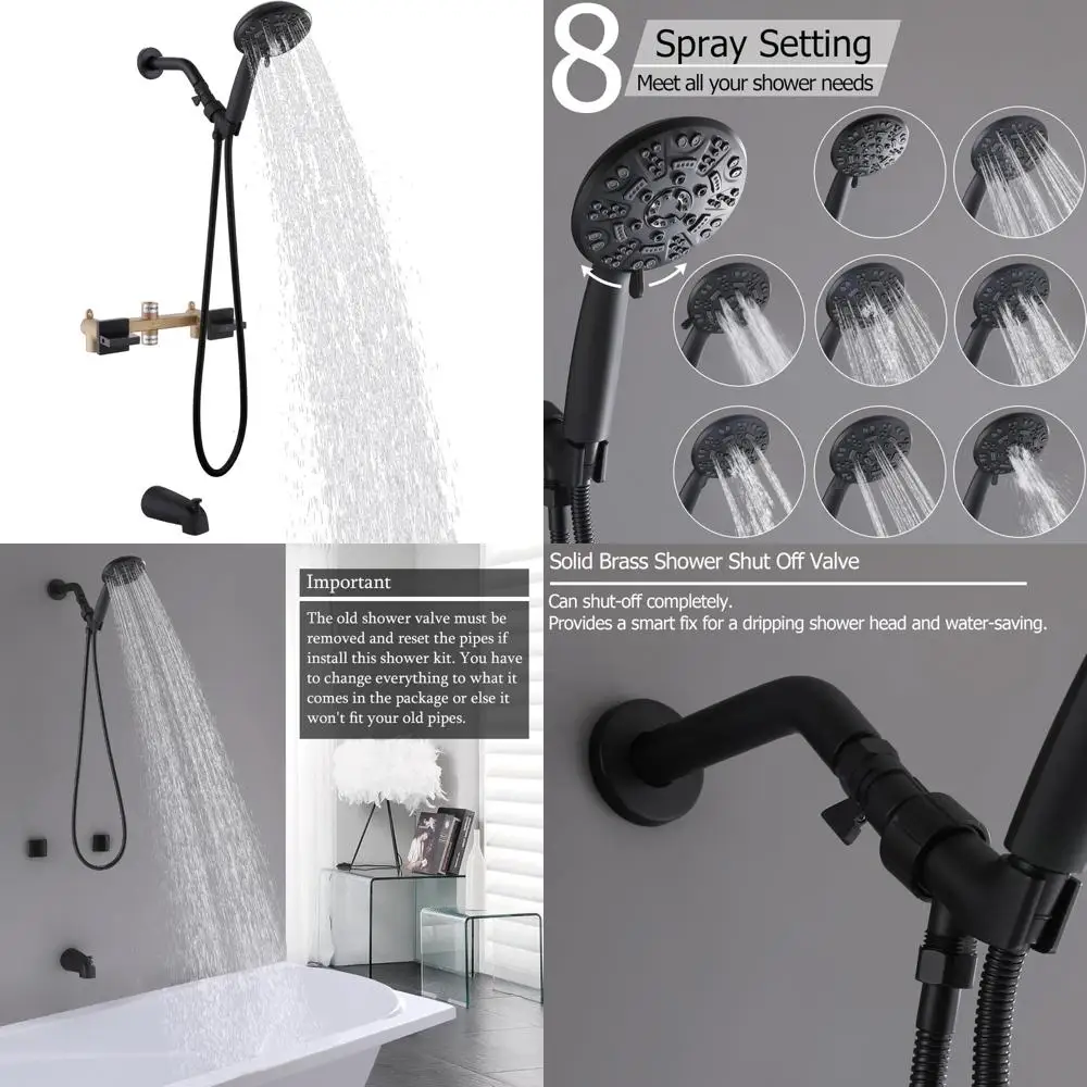 

8-Setting Handheld Shower Head Kit with Tub Spout, Matte Black, Shower Tub Faucet Set for Modern Bathrooms