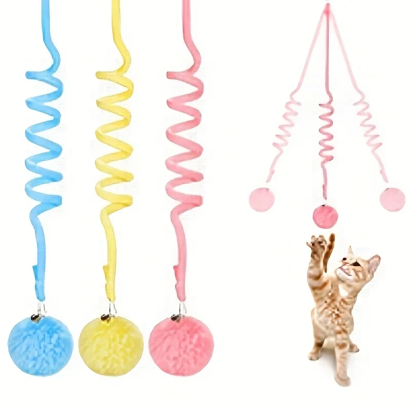 Suction Cup Spring Fur Ball 1Pc Retractable Cat Teaser With Bells Colorful Elastic Strings Fluffy Balls Cat Toy Pet Supplies