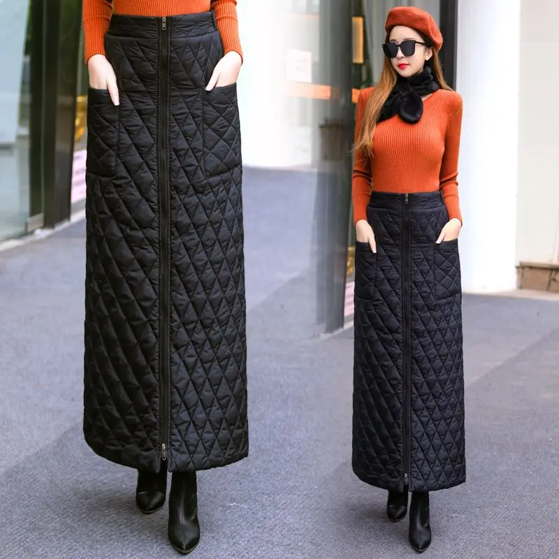 2024 New Women Winter Skirt Windproof Warm Down Cotton Skirt High Waist Zipper Quilted Cotton Padded Skirts A-line Skirts M127