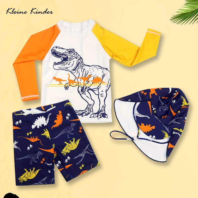 Toddlers and Baby Boys' Swimsuit Trunk and Rashguard Set Dinosaur Print Long Sleeve Boy Swimwear UPF50 UV Protection Beach Wear