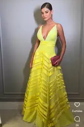 Eightree Modern Yellow  Prom Dresses V Neck Long A Line Satin Evening Dresses Formal Occasion Dresses 2023