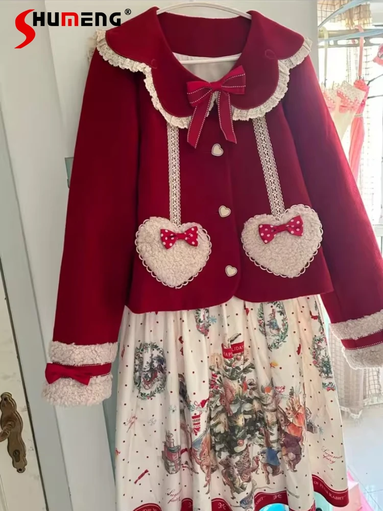 

Christmas New Year Sweet Cute Lolita Coat Doll Collar Bow Heart Single-Breasted Elegant Versatile Short Jacket For Women Winter