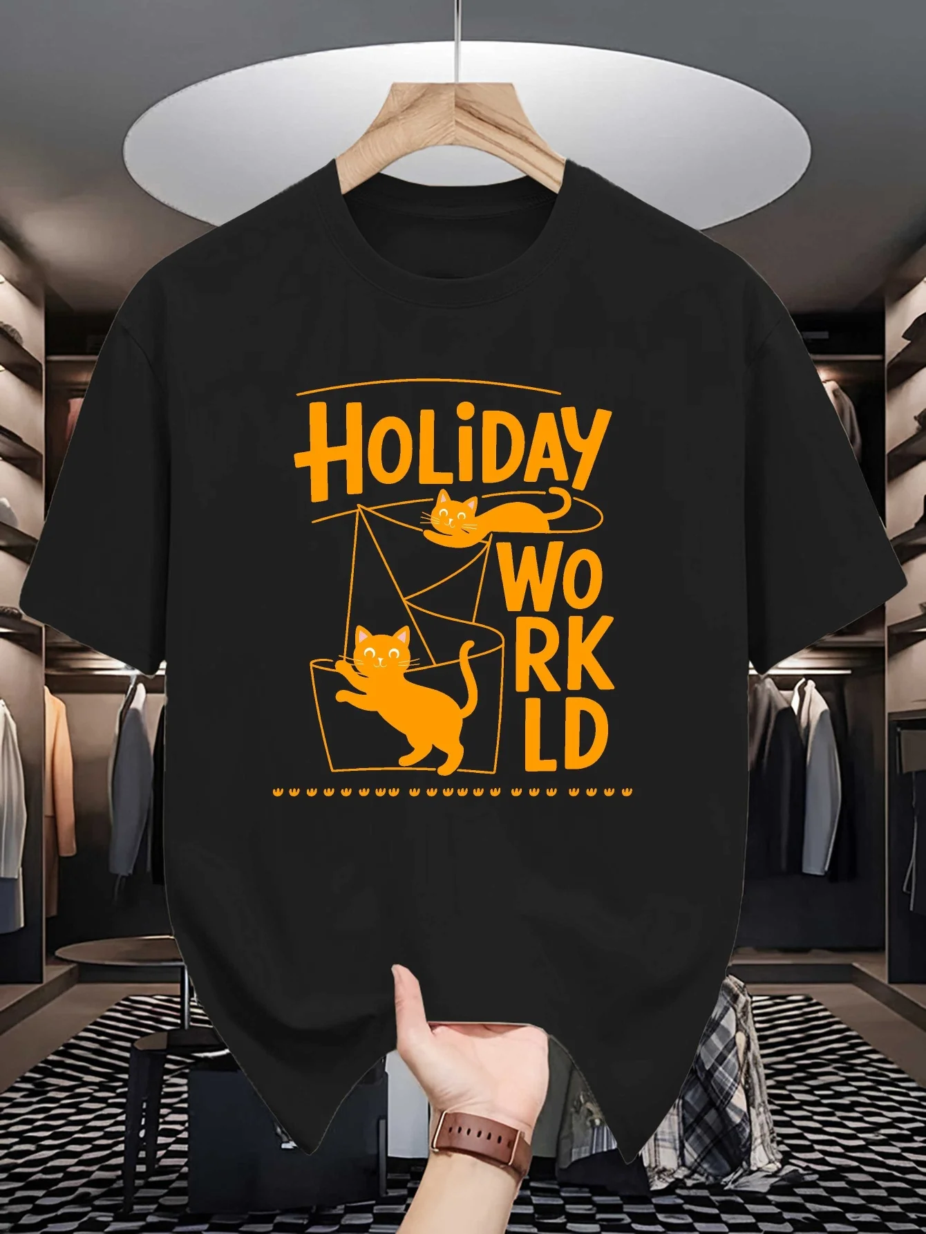 Mens Crew Neck T Shirt Holiday World Two Black Cats Cartoon Graphic Short Sleeve Casual Cotton Cat Lover Streetwear Tees