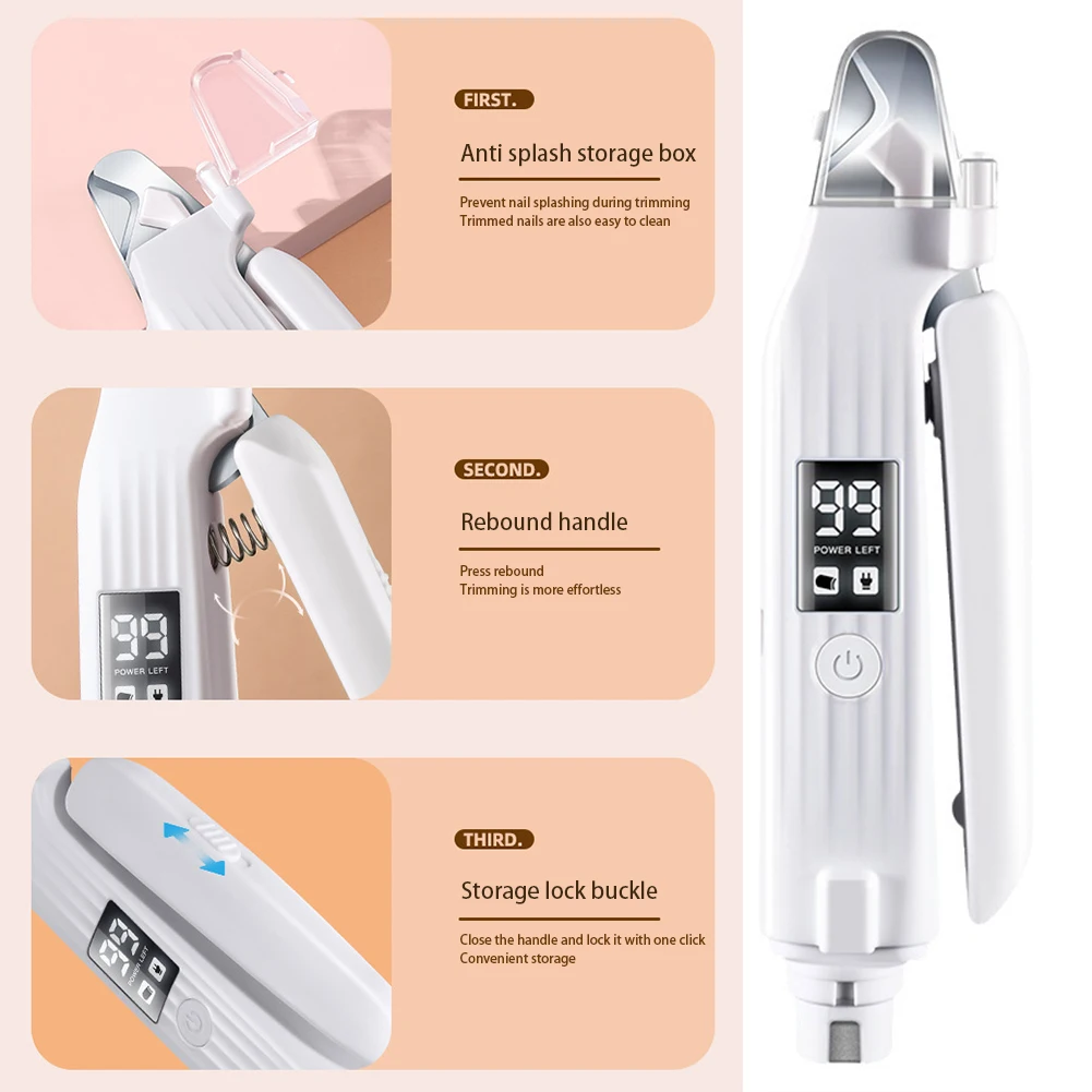 2 In 1 ไฟฟ้าเครื่องบดเล็บสัตว์เลี้ยง LED Light Cat สุนัขเล็บ Clippers USB ชาร์จ Paws เครื่องตัดเล็บกรูมมิ่ง Trimmer PET SUPPLY