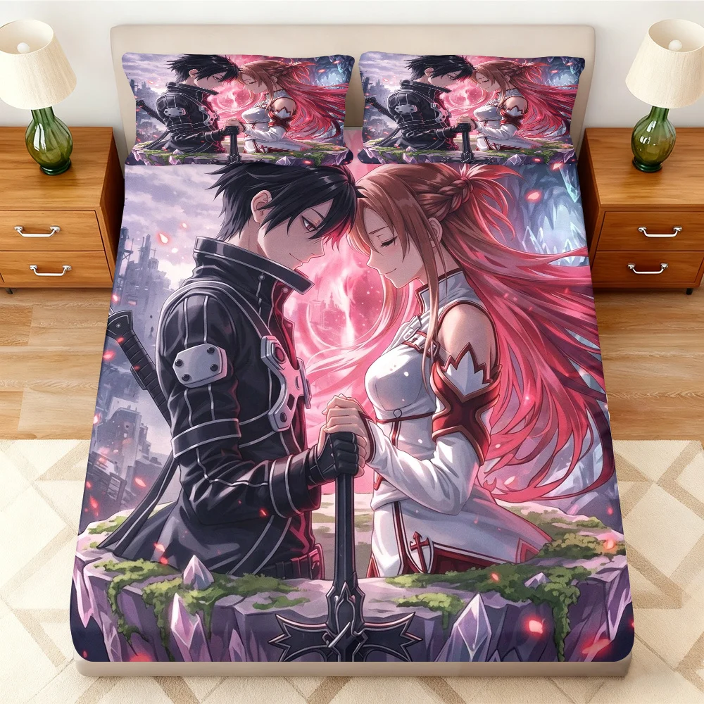Anime fantasy couple three-piece fitted sheet set, 2D digital print bedding set (includes 1 fitted sheet + 2 pillowcases), mattress protector, fitted elastic style, protective cover, mattress protector, fitted bedding set
