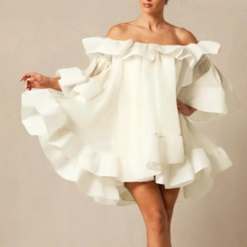 UOOZEE Women's White Off-Shoulder Dress Cascade Elegant Feminine Fashionable Spring Collection Seven Sleeve Length Other Mate...