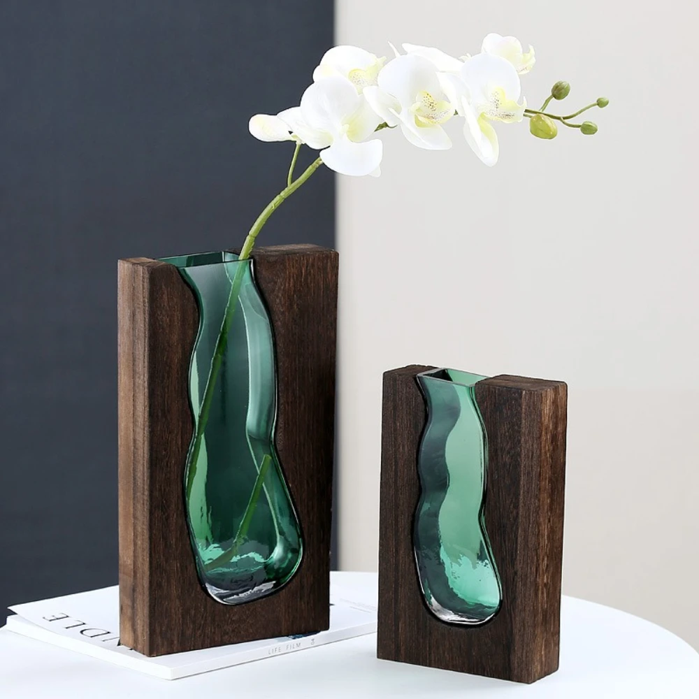 

Nordic Style Glass Vase Wooden Tray Single Flower Hydroponic Green Plants Fresh Flowers Desktop Living Room Coffee Table