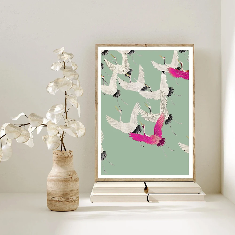 

Swarm Japanese Royal Cranes Art Prints Vintage Bird Sage Green Wall Art Canvas Painting Retro Abstract Pictures Home Decor