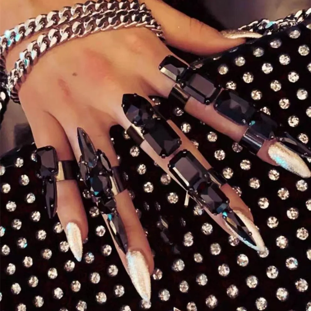 5 יח'\סט שחור ריינסטון גיאומטרי כיכר שרוול פתוח טבעות תכשיטים לנשים קריסטל עגול מתכוונן אצבע טבעות אבזרים