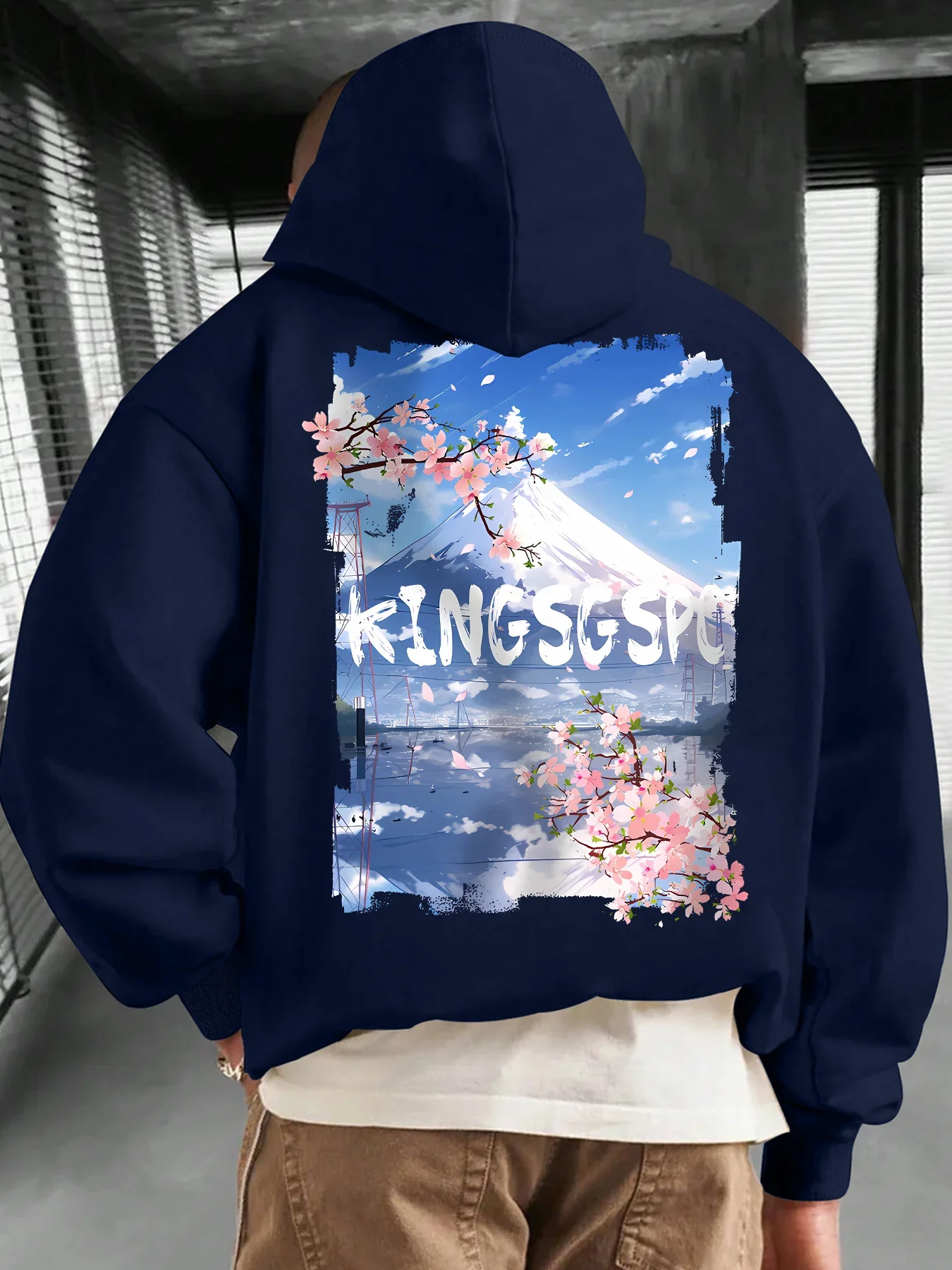 Men Fall Winter Casual Loose Hoodie Minimalist Fuji Mountain SakuraDistressed Frame Graffiti Print Daily Warm Neutral Hooded Top