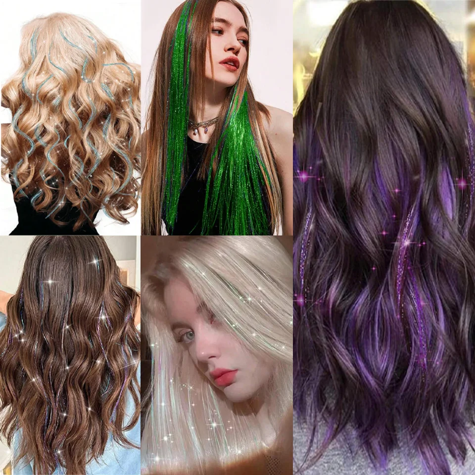 Kit de tinsel para cabello sintético de 48 pulgadas con herramienta, 1200 hebras, extensiones de tinsel en 12 colores, cabello de hadas brillante y reluciente 5