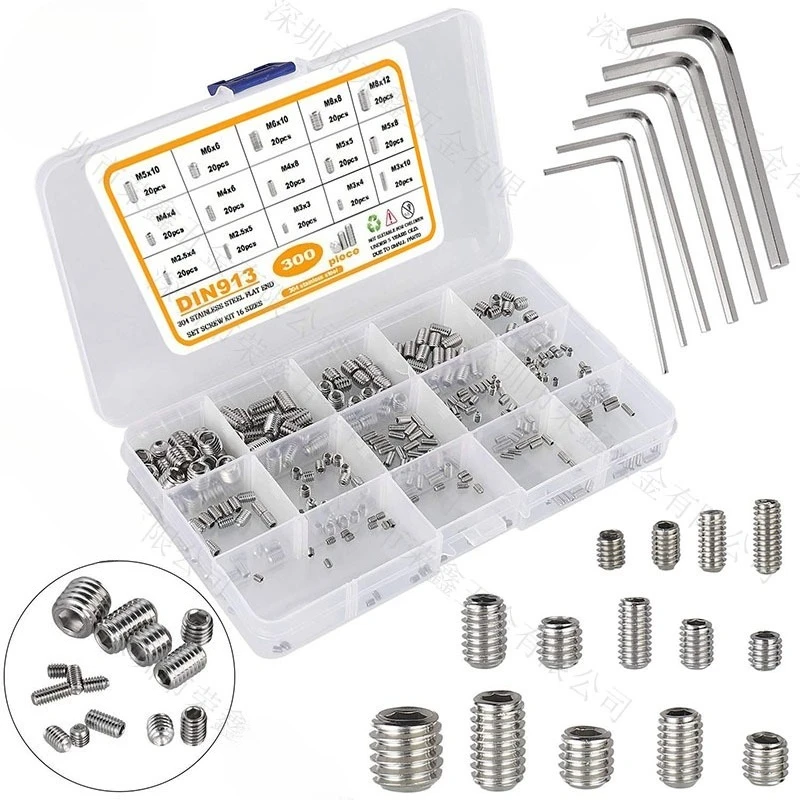 300Pcs 304 Stainless Steel Flat Point Set Screws Assortment Kit, Headless Hex Socket Grub Screws Box Set