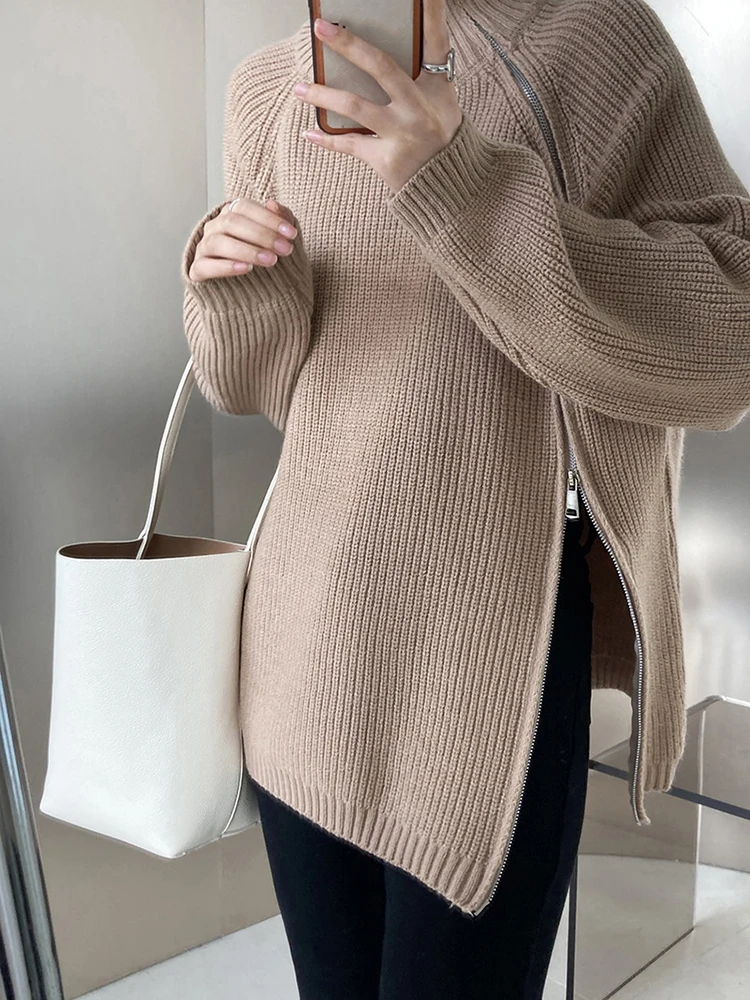 [EAM] Zipper Schlitz Große Größe Stricken Pullover Rollkragen Langarm Frauen Pullover Neue Mode Flut Herbst Winter 2024 1DF3058