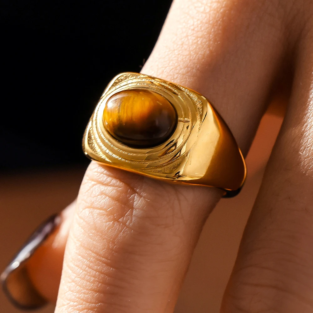 Retro Nature tiger-eye Stones Stainless Steel Rings For Women Daily Casual Index Ring Gold Plated Waterproof Luxury Jewelry