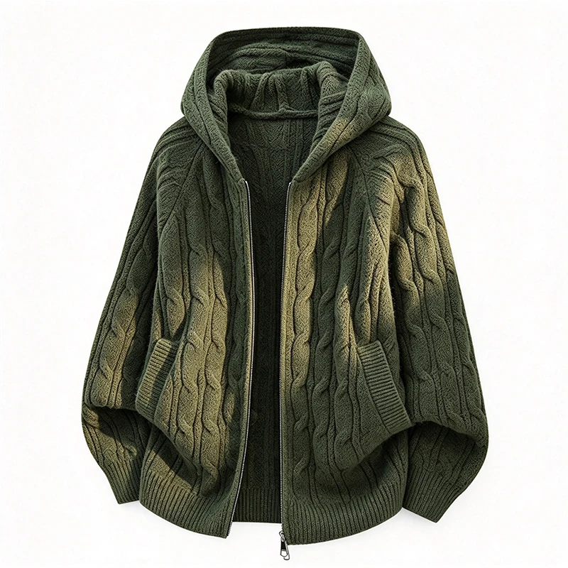 Autumn and Winter Fashion Trend Cold Proof and Warm Casual Knitted Jacket for Men Thick and Warm Hooded Knitted Cardigan Sweater