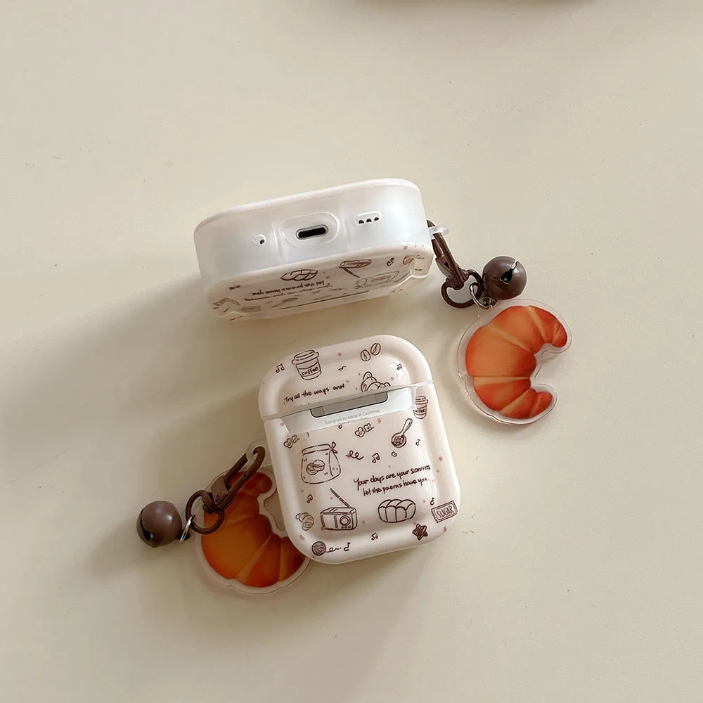 INS Korea Graffiti Coffee Bread Earphone Protective Cover For Apple Airpods 4 3 2 1 Pro 2nd Wireless Headset Case with Pendant