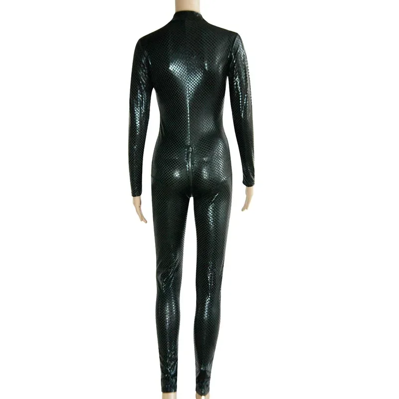 Plus Size Women Catsuit Bodysuits Faux Leather Snake Skin Jumpsuit Front Zip Long SLeeve Full Bodysuit Black Spandex Catsuit