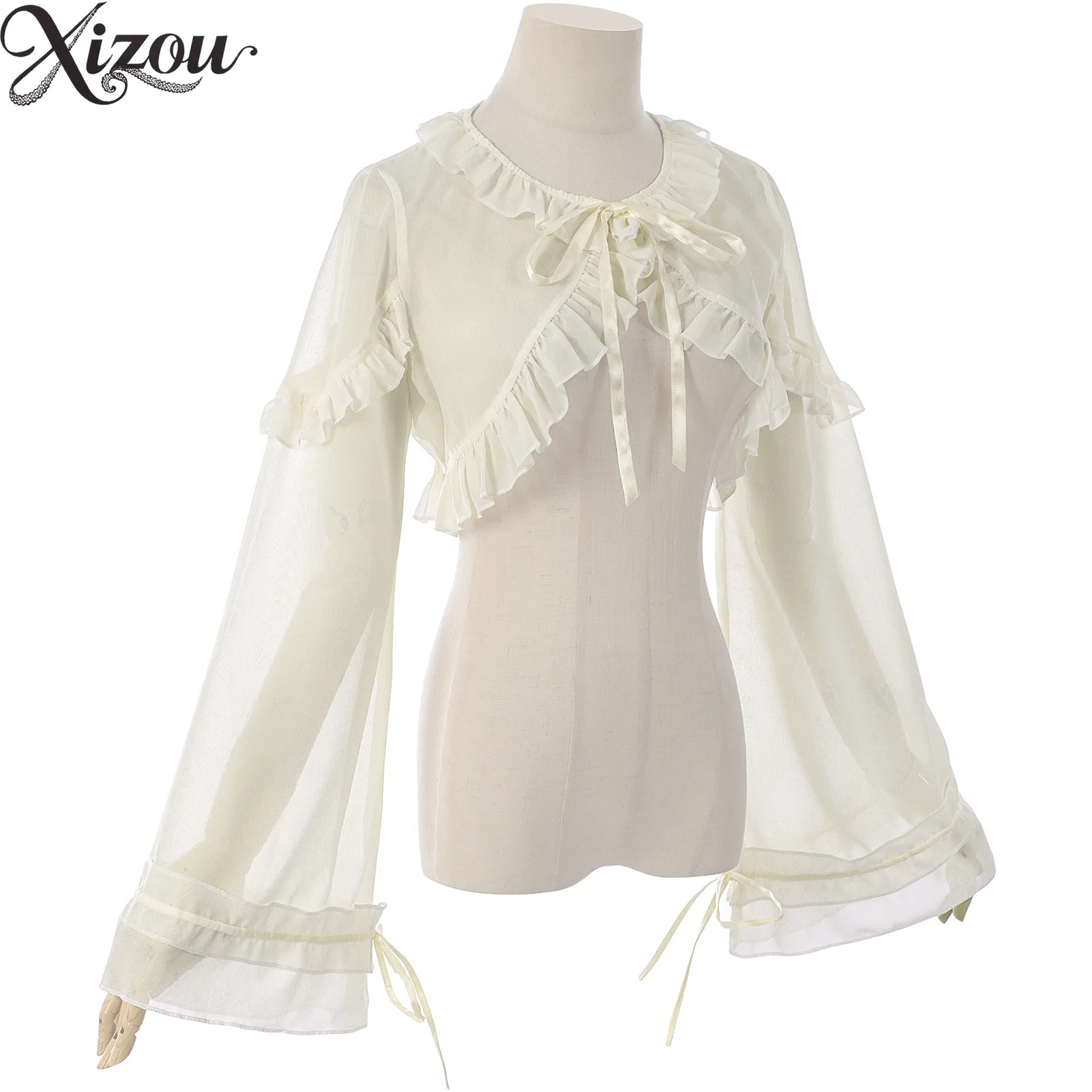 2025 قمصان لوليتا الحلو خمر الدانتيل يصل كشكش بوليرو القوس مضيئة كم اقتصاص بلوزة الفرنسية الجنية الصيف المرأة الأبيض رقيقة بلوزة #3