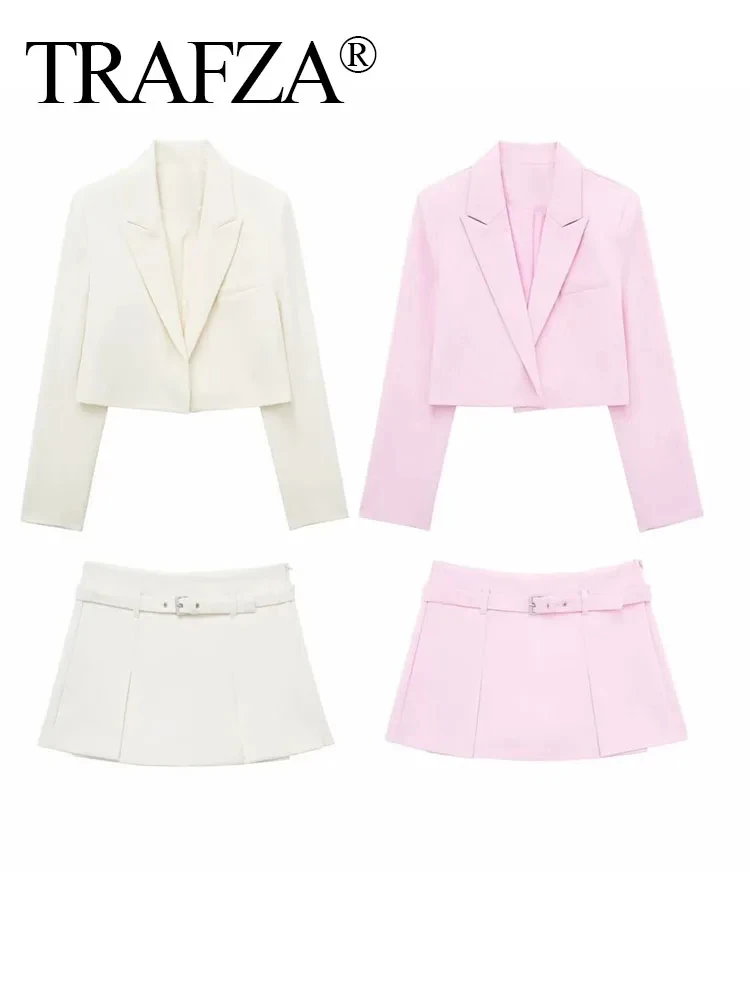 TRAFZA Women Casual Blazer Skirt Set Solid Thin Long Sleeve Top+Zipper Belt Fold Mini Skirt Shorts 2024 Office Lady 2 Piece Sets